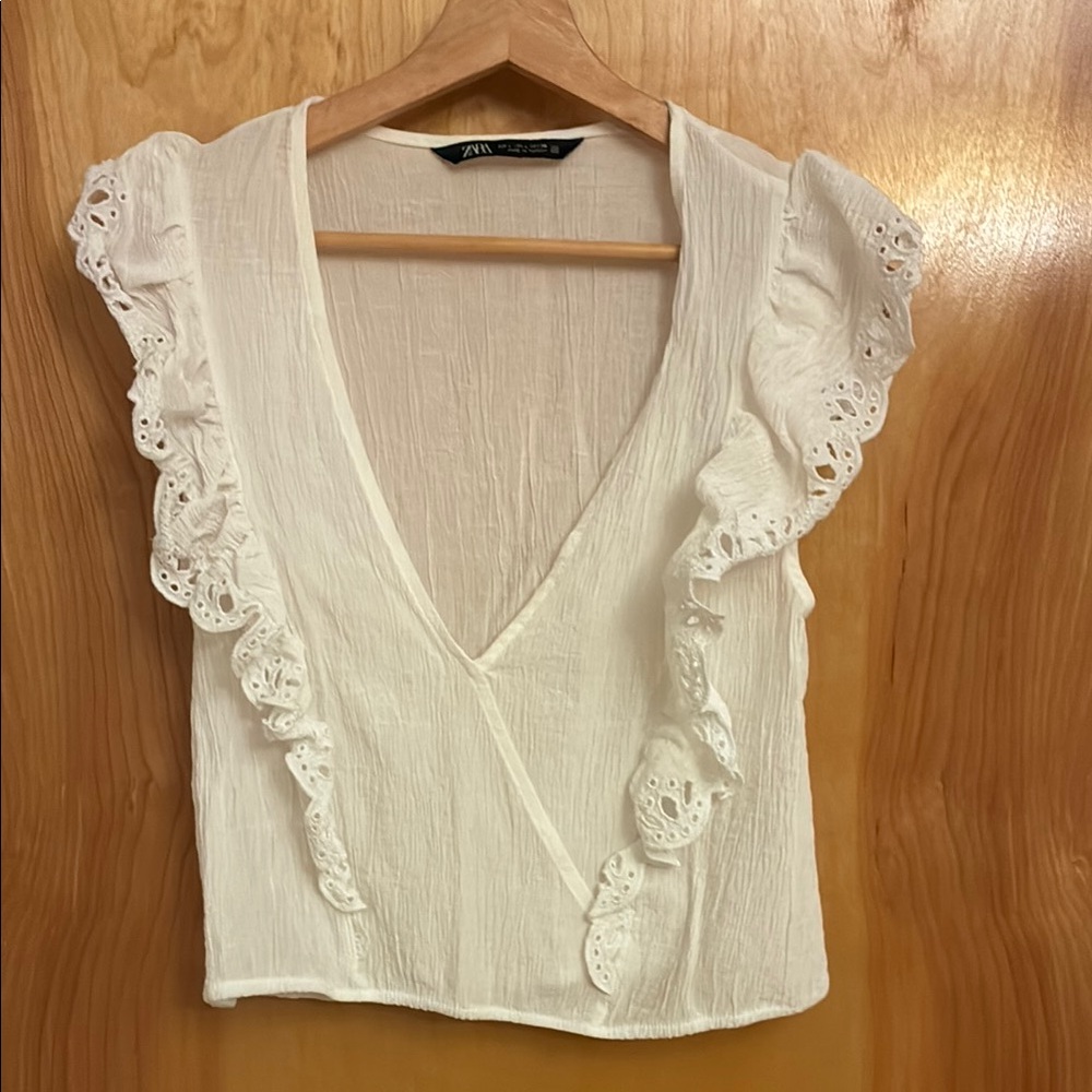 Zara White Eyelet Ruffle V-Neck Camisole